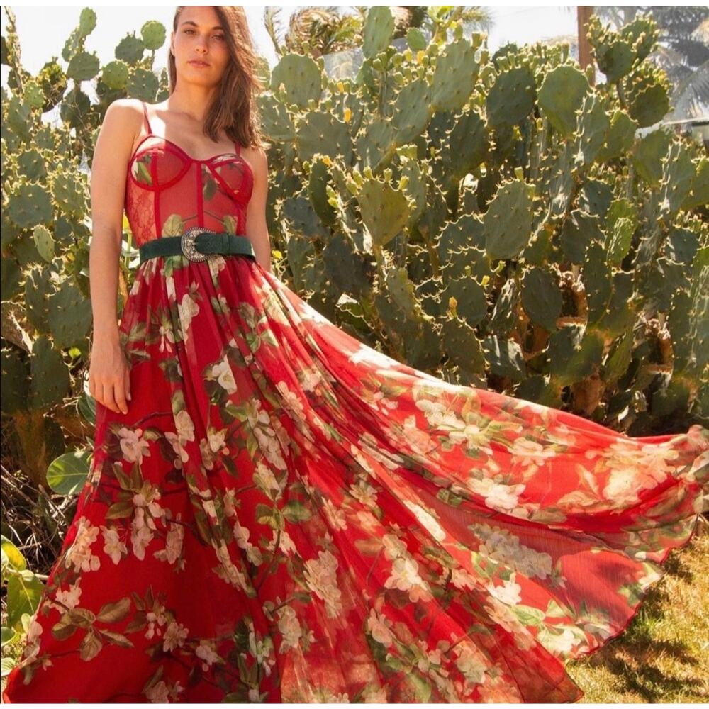 PatBo Floral Bustier Maxi Dress Cherry Size 8 Romantic Whimsical Resort NO BELT
